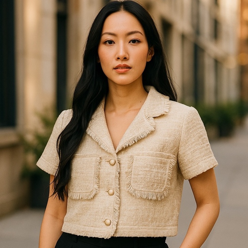THIRTY/THIRTY LA Textured Tweed Cropped Beige Cream Blazer Jacket Sz Jr Large